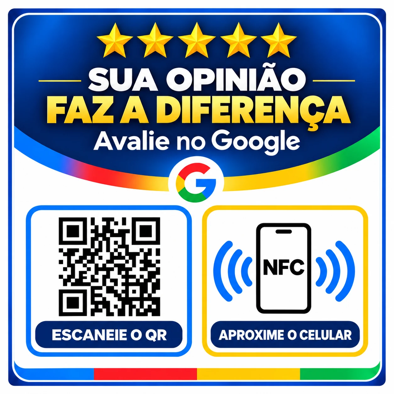 Placa FaciliTag ilustrativa para avaliações no Google, com QR Code e aproximação NFC